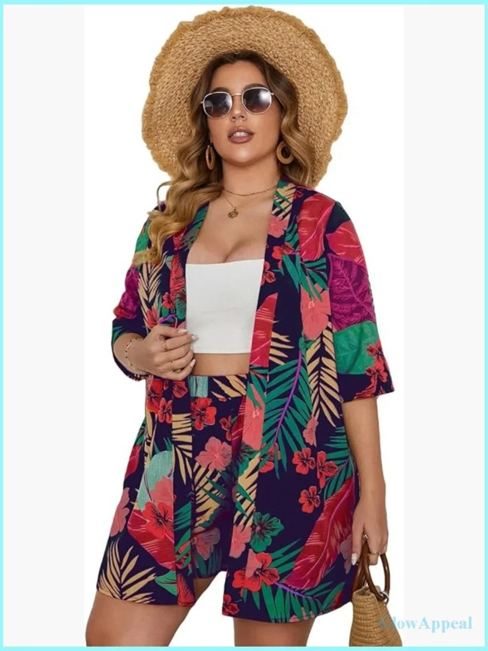 Plus Size 2 Piece Tropical Print Kimono Top & Shorts Set